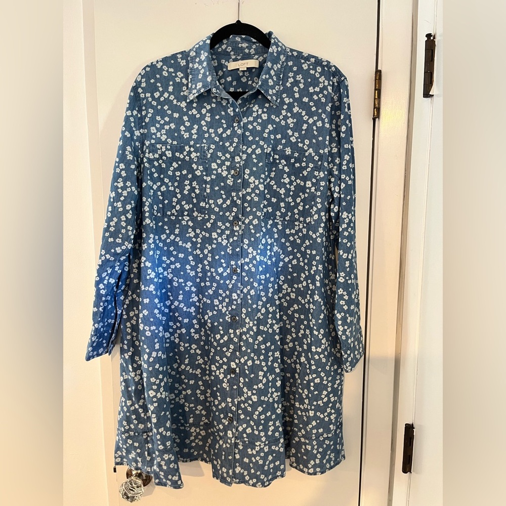 LOFT Blue Floral Denim-Style Button Shirt Dress